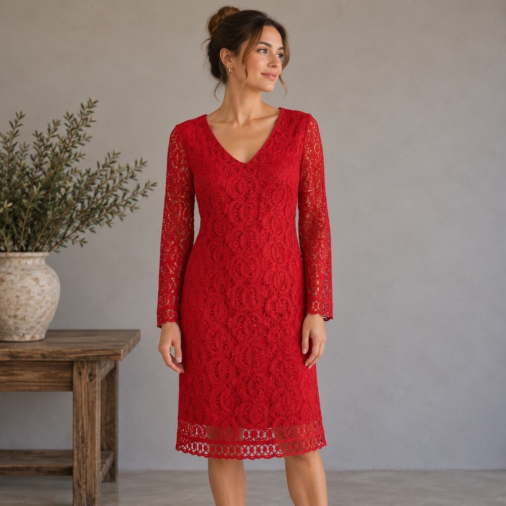 Laundry Shelli Segal Red Lace Long Sleeve Sheath Dress size 2